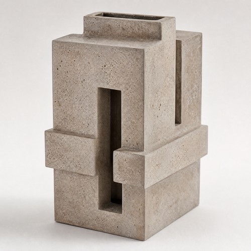 PLIOXOO® concrete minimalist stepped vase on white surface – full product view showing asymmetric stepped column with horizontal cross-bar and vertical slot in natural speckled concrete