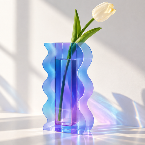 PLIOXOO® modern wavy acrylic vase with blue purple gradient, holding white tulip on white console beside Kinfolk book – Modern Wavy Vase: a touch of color, a brighter space