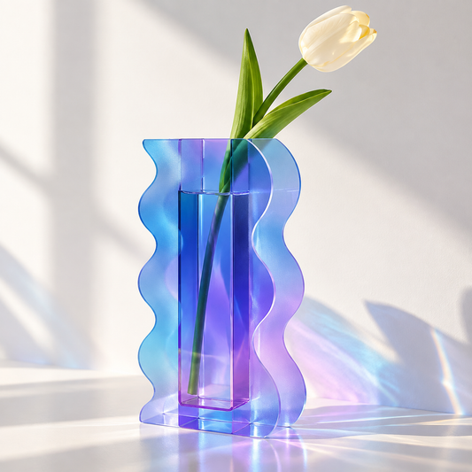 PLIOXOO® modern wavy acrylic vase with blue purple gradient, holding white tulip on white console beside Kinfolk book – Modern Wavy Vase: a touch of color, a brighter space