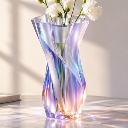 PLIOXOO® iridescent glass twisted flower vase top-down view of flower opening – Unique Flower Shape: artistic design with beautiful curves; showing eight-petal scalloped rim in blue and purple gradient with light scatter on marble