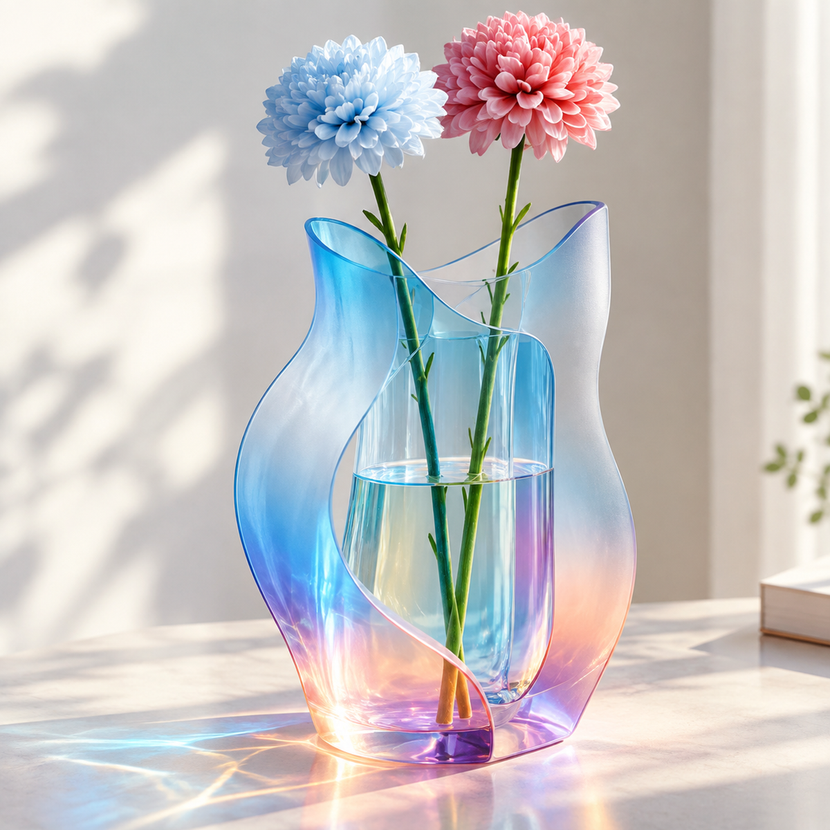 PLIOXOO® rainbow wave glass vase with blue and pink chrysanthemums on white table in bright natural light – pure beauty shot showing full rainbow gradient from sky-blue crown to amber-violet base, twin wave panels and cylindrical inner chamber