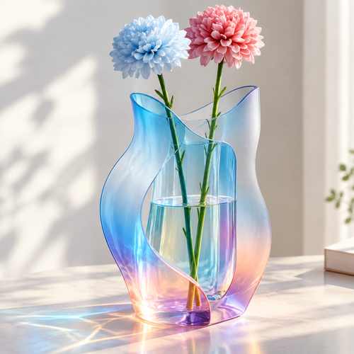 PLIOXOO® rainbow wave glass vase with blue and pink chrysanthemums on white table in bright natural light – pure beauty shot showing full rainbow gradient from sky-blue crown to amber-violet base, twin wave panels and cylindrical inner chamber