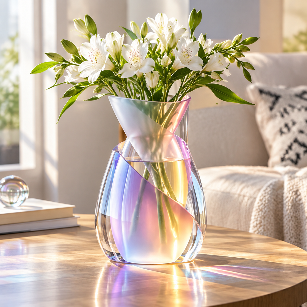 PLIOXOO® iridescent glass vase on neutral surface with prismatic light scatter – Premium Quality Glass text overlay: crafted from high-quality glass, durable and made to last; inset magnified circle showing Smooth Edge & Crystal Clear polished rim detail in blue-violet gradient