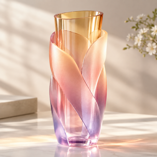PLIOXOO® rose gold gradient twisted glass vase in warm sunlight on white table with jasmine sprig background – full product beauty shot showing amber crown, coral-rose twist panels and violet base, no text
