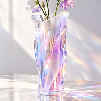 PLIOXOO® iridescent twisted glass vase with purple lisianthus in rainbow prismatic light on white surface – pure beauty shot, no text, showing full twisted body in pink, blue, gold and violet aurora glow with rainbow light scatter