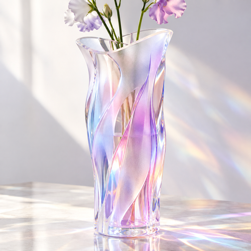PLIOXOO® iridescent twisted glass vase with purple lisianthus in rainbow prismatic light on white surface – pure beauty shot, no text, showing full twisted body in pink, blue, gold and violet aurora glow with rainbow light scatter