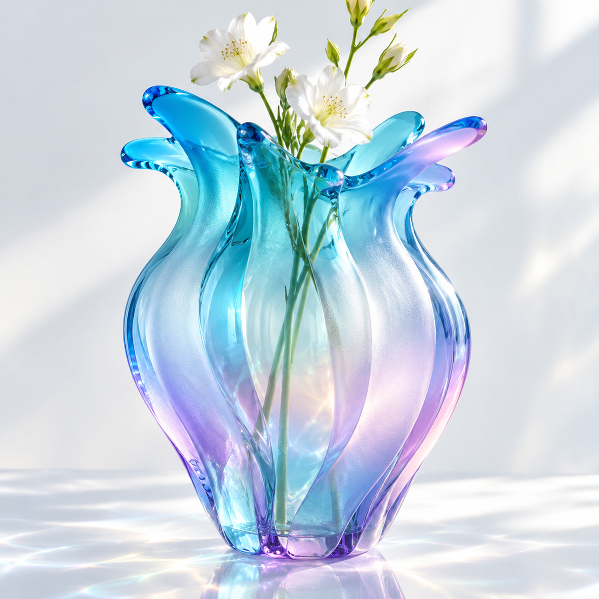 PLIOXOO® iridescent glass tulip vase with white jasmine on windowsill in morning light – full product beauty shot showing blue to purple gradient, deep fluted petal panels and butterfly-wing opening