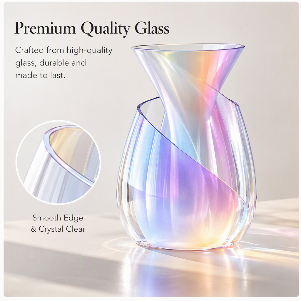PLIOXOO® iridescent glass vase with white alstroemeria on wooden coffee table in sunlit living room – pure beauty shot, no text, showing full teardrop body with iridescent pink-blue-gold-violet glow and rainbow light scatter on table surface