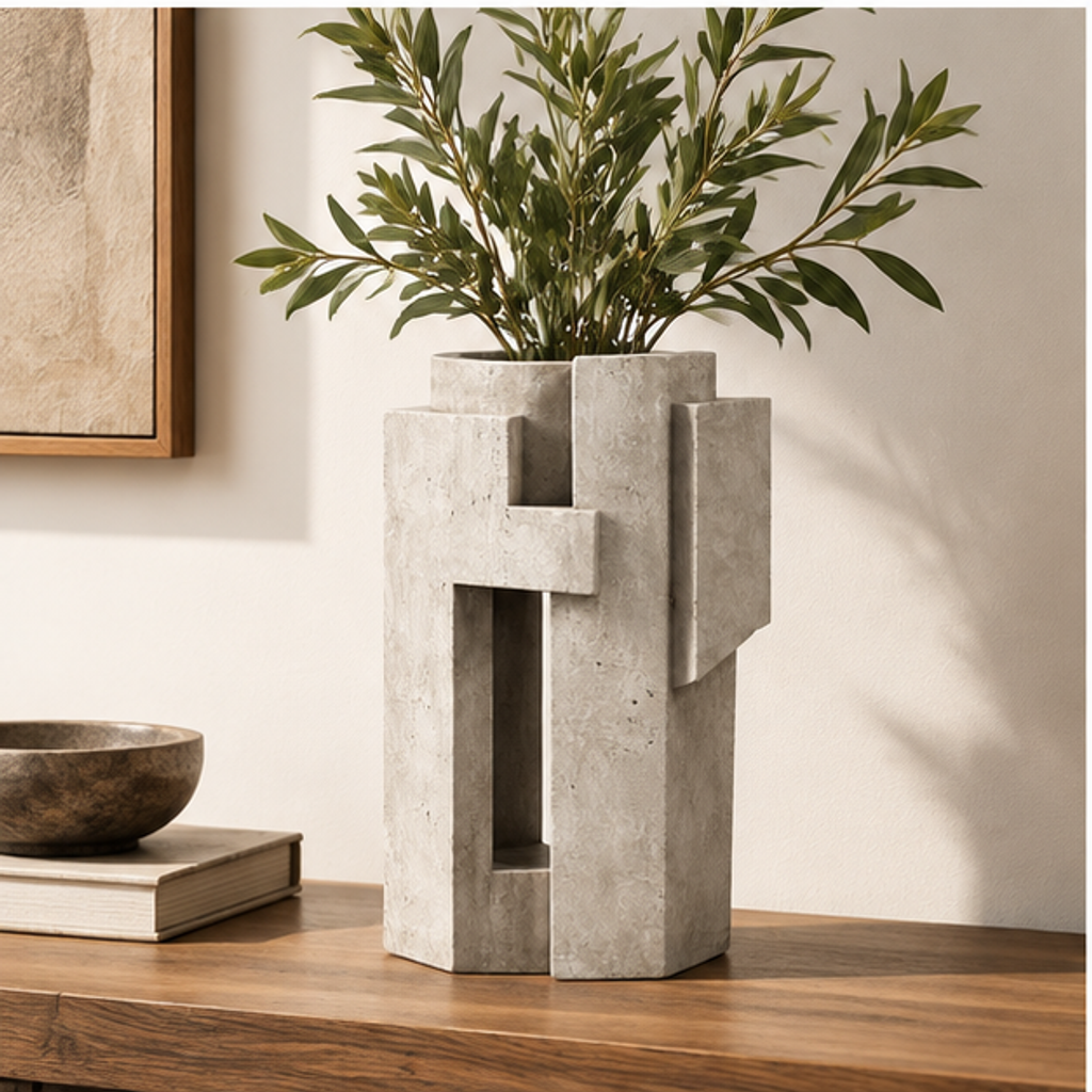 PLIOXOO® concrete architectural vase with olive branches on walnut sideboard beside stone bowl and book – Modern Architectural Design shown in warm living room setting