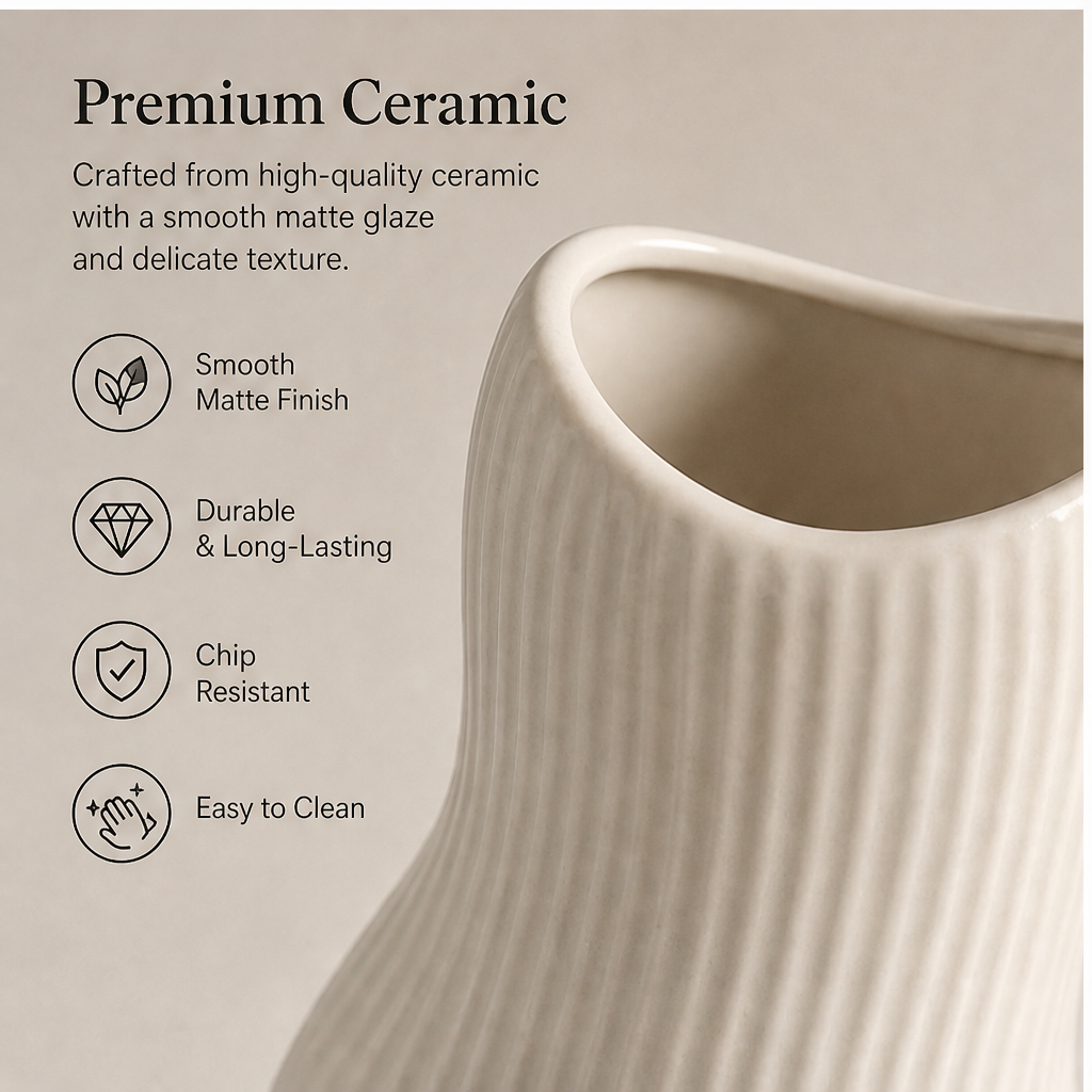 PLIOXOO® white ribbed vase front view with soft shadow – Sculptural Elegance: a modern silhouette that adds artistic charm to any space