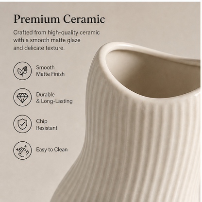 PLIOXOO® white ribbed vase front view with soft shadow – Sculptural Elegance: a modern silhouette that adds artistic charm to any space