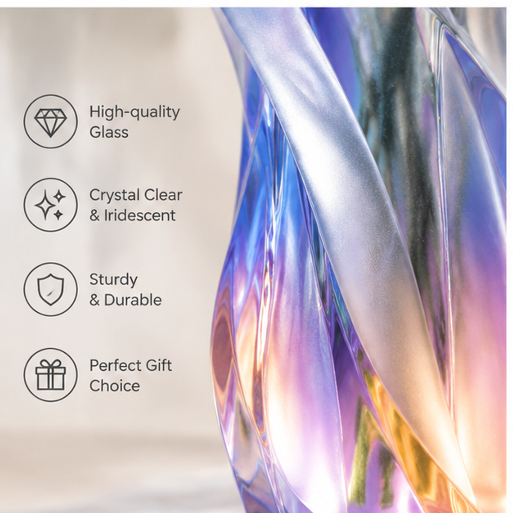 PLIOXOO® iridescent glass twisted flower vase with white lisianthus on marble counter in morning light – Elegant Home Decor: adds a touch of modern luxury to any space, showing blue to violet gradient and scalloped petal opening