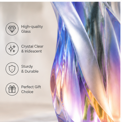 PLIOXOO® iridescent glass twisted flower vase with white lisianthus on marble counter in morning light – Elegant Home Decor: adds a touch of modern luxury to any space, showing blue to violet gradient and scalloped petal opening