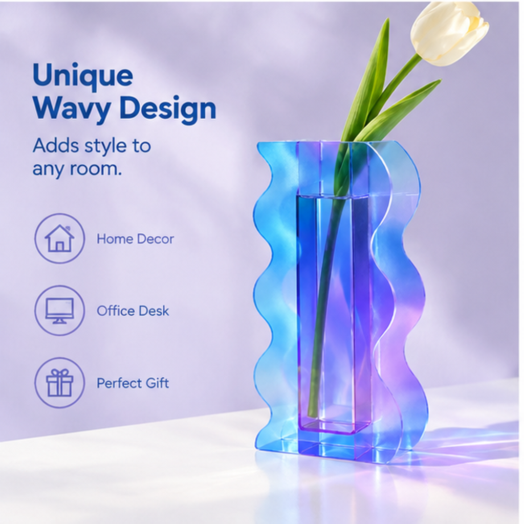 PLIOXOO® wavy acrylic vase on purple background with white tulip – Unique Wavy Design: adds style to any room, with icons for Home Decor, Office Desk and Perfect Gift