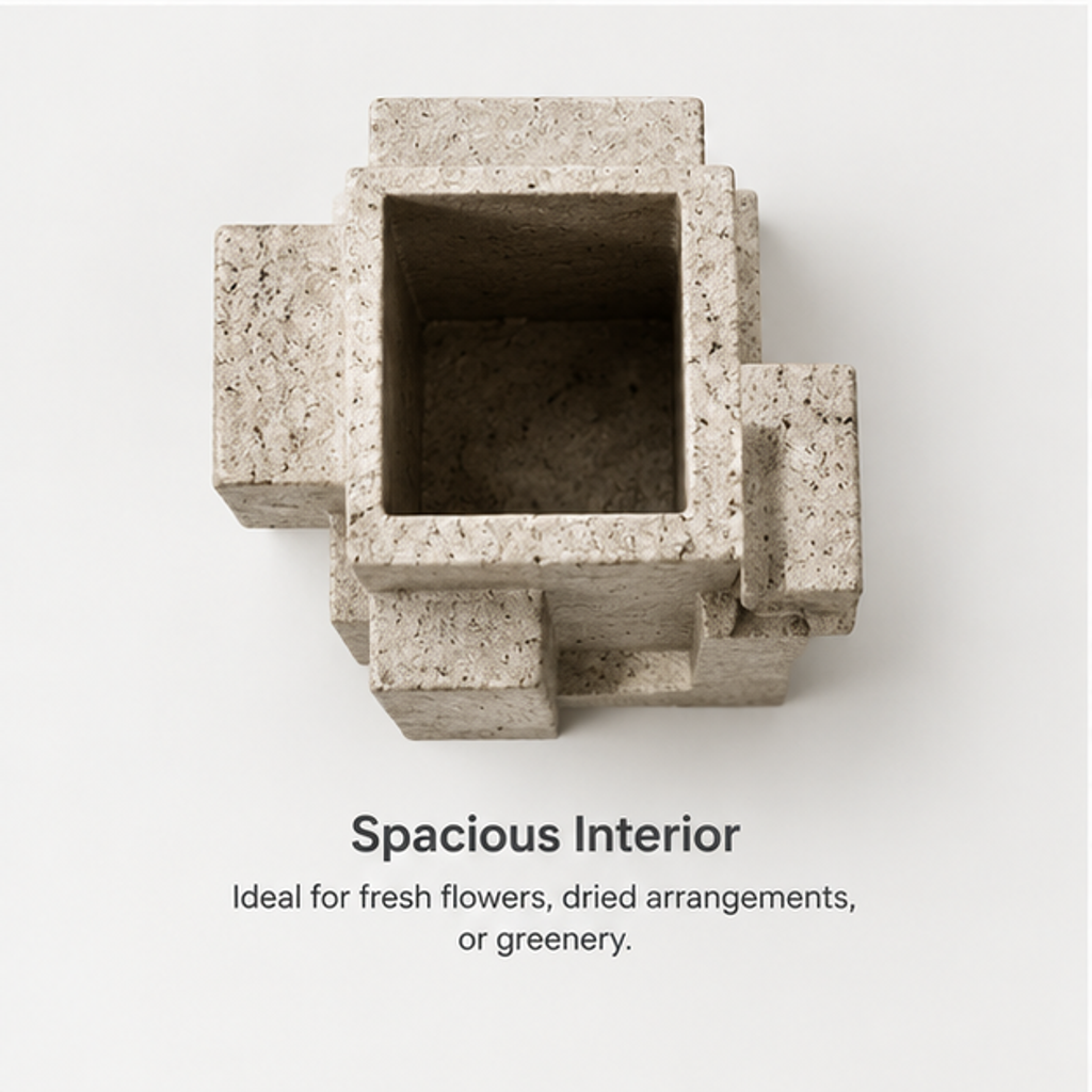 PLIOXOO® concrete geometric vase top-down view – Spacious Interior: ideal for fresh flowers, dried arrangements or greenery, showing wide square opening