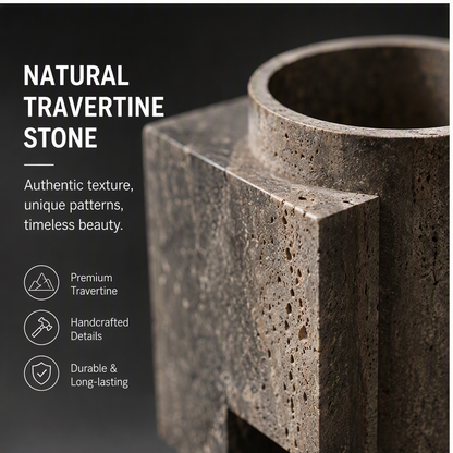 PLIOXOO® travertine vase close-up – Natural Travertine Stone: authentic texture, unique patterns, timeless beauty, showing Premium Travertine, Handcrafted Details and Durable & Long-lasting