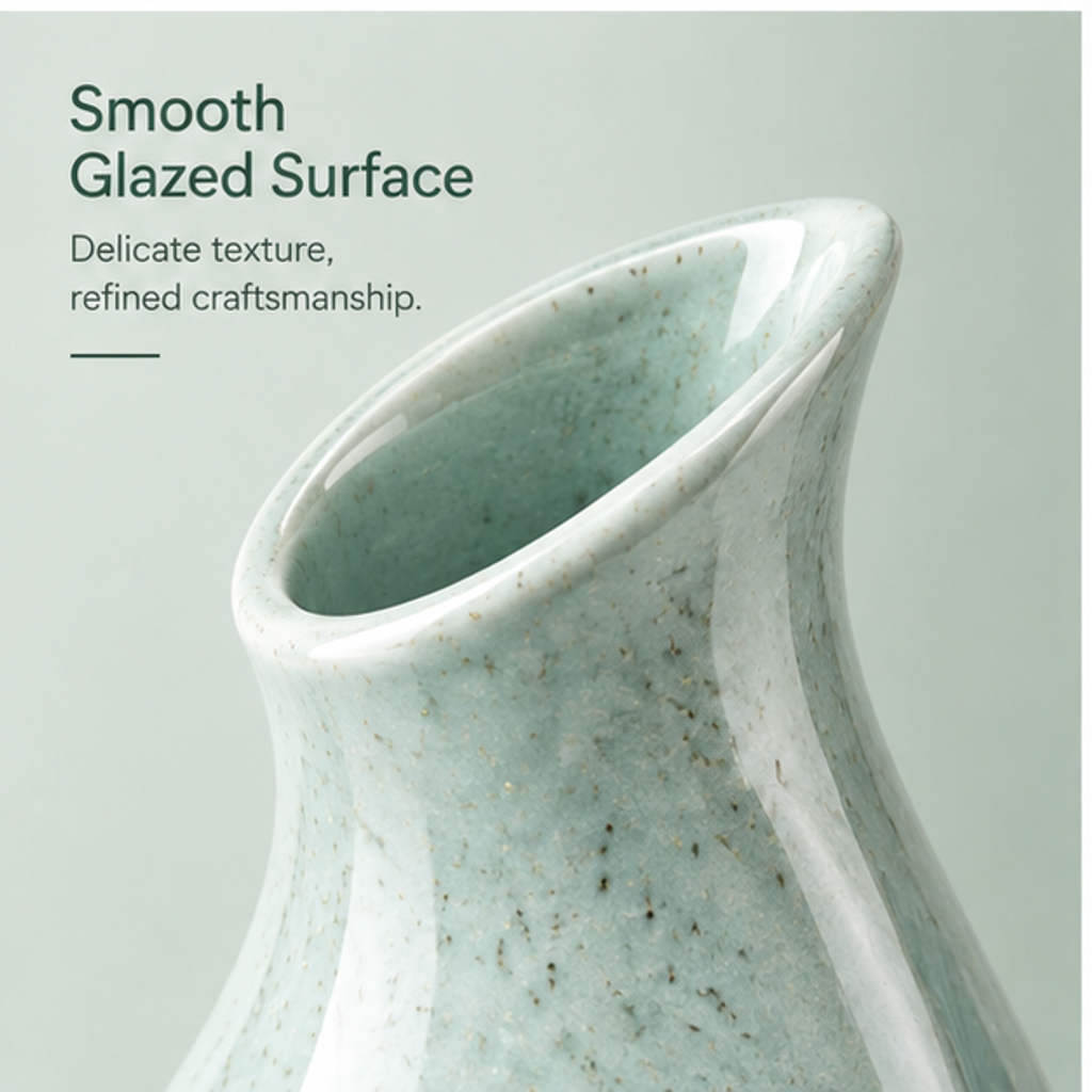 PLIOXOO® sage green ceramic vase with white flowers in room setting – Elegant Home Decor: a touch of nature for a warmer home