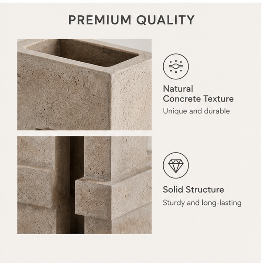 PLIOXOO® concrete stepped vase – Multi-Angle Display showing Front View, Side View, Back View and Top View of asymmetric geometric stepped concrete vase