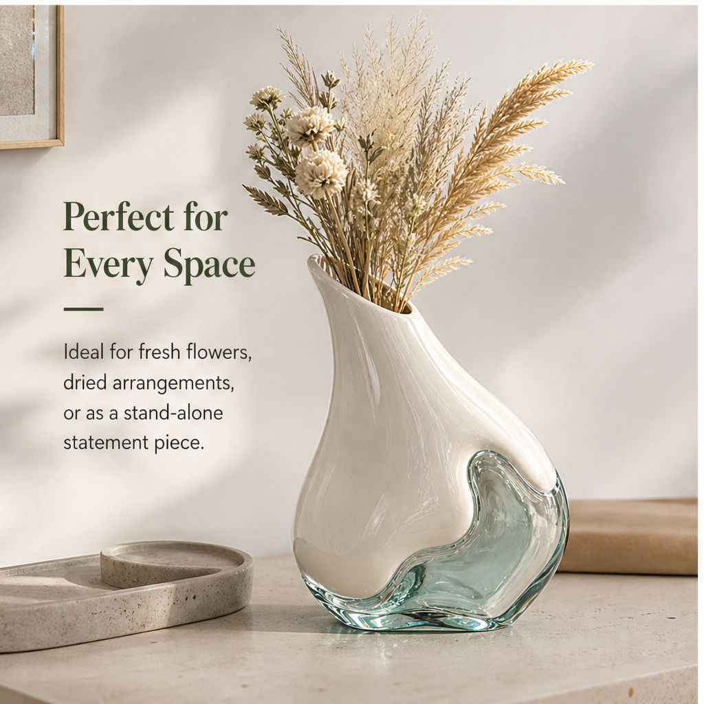 PLIOXOO® wave vase size reference – Crafted with Quality: premium ceramic and thickened glass, 9.8 in (25 cm) tall, 7.3 in (18.5 cm) wide, Sturdy & Durable, Easy to Clean
