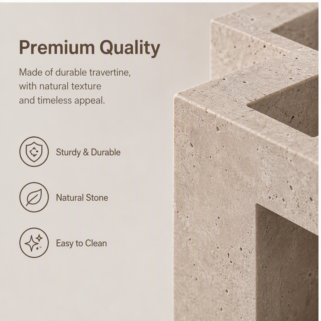 PLIOXOO® travertine vase multi-angle display – Front, Side and Back views showing beautiful from every side with interlocking geometric planes