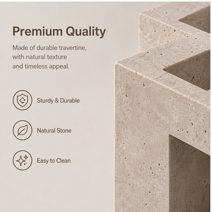 PLIOXOO® travertine vase multi-angle display – Front, Side and Back views showing beautiful from every side with interlocking geometric planes