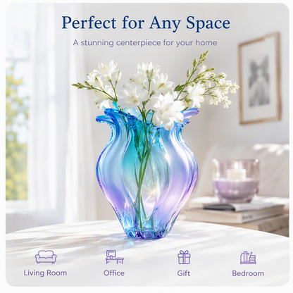 PLIOXOO® iridescent glass tulip vase tilted close-up – Exquisite Craftsmanship: handcrafted with attention to every detail, showing faceted base, smooth fluted petal edges; Handcrafted / Durable & Sturdy / Lead-Free Glass
