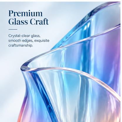 PLIOXOO® rainbow wave glass vase with blue and pink chrysanthemums on coffee table in living room – Perfect Home Decor: adds color, elegance and a touch of nature to any space; sofa and window in background