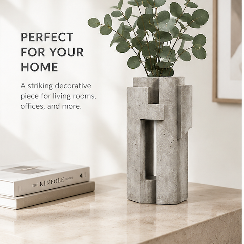PLIOXOO® concrete cylinder vase top-down view – Detailed Craftsmanship: thoughtful design in every detail, showing circular opening with crisp interlocking tab edges and natural concrete aggregate