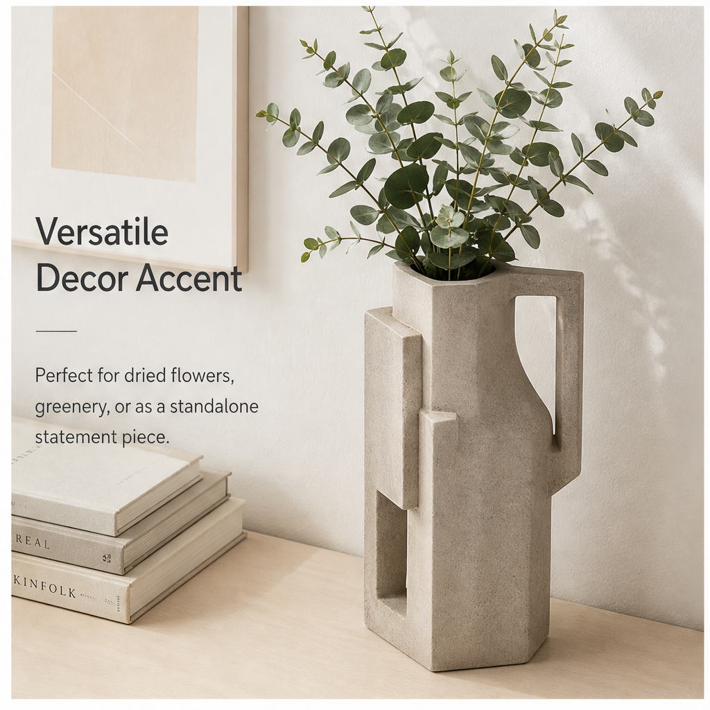 PLIOXOO® concrete sculptural vase – Modern Sculptural Design: a bold geometric silhouette that brings architectural elegance to any space, side view showing full form