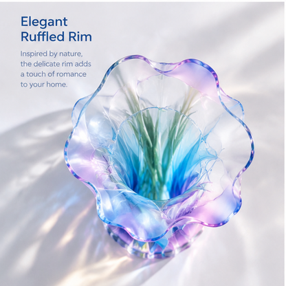 PLIOXOO® crystal glass ruffled vase close-up base detail – Crystal Clear Quality: high-grade glass with exceptional clarity and lasting brilliance, showing polished fin edges and seamless gradient at base