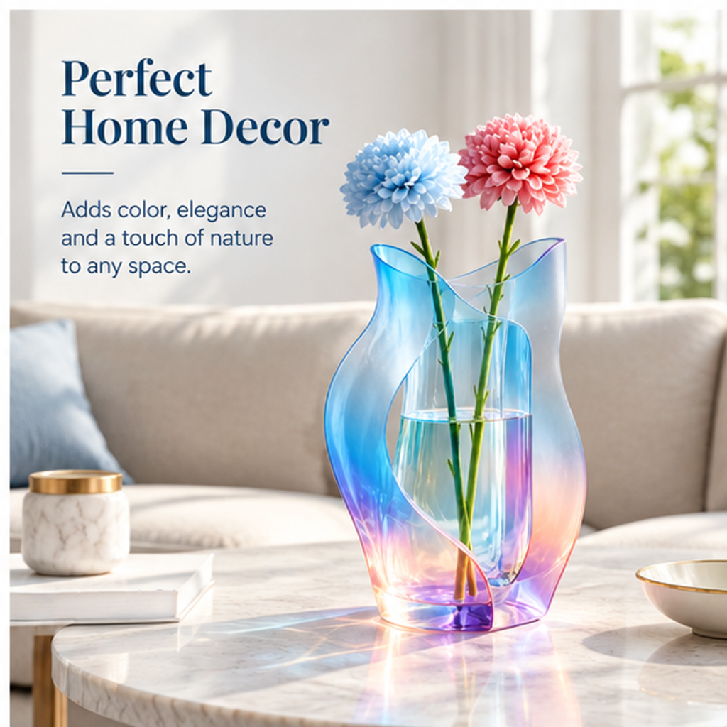 PLIOXOO® rainbow wave glass vase with blue and pink chrysanthemums in neutral light – Unique 360° Shape: beautiful from every angle with a layered glass design; showing full S-wave silhouette and inner cylindrical chamber in gradient light