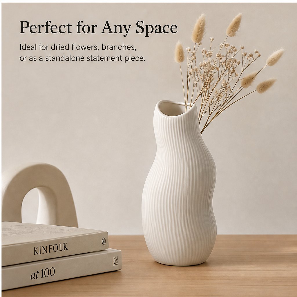 PLIOXOO® wave vase styled on wooden table with dried pampas grass and Kinfolk books – Perfect for Any Space: ideal for dried flowers, branches or standalone statement piece