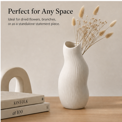 PLIOXOO® wave vase styled on wooden table with dried pampas grass and Kinfolk books – Perfect for Any Space: ideal for dried flowers, branches or standalone statement piece