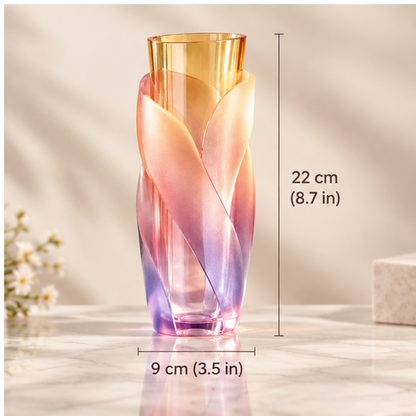 PLIOXOO® rose gold gradient twisted glass vase close-up of gold-toned cylinder opening – Premium Glass Material: clear, smooth and durable; 3 icon feature list: High Clarity / Sturdy & Long-lasting / Safe & Non-toxic