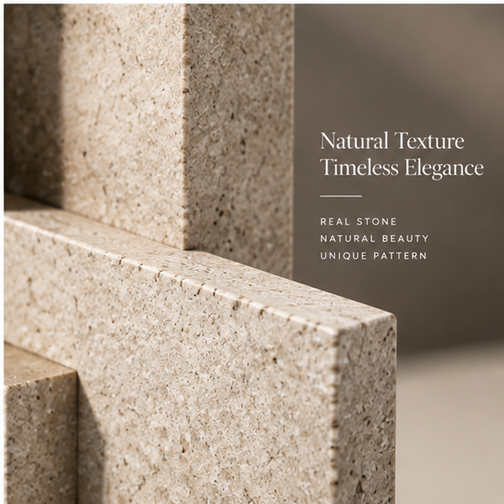 PLIOXOO® travertine geometric vase with yellow blooms on white surface – showing full form with interlocking rectangular planes and vertical slot in warm cream travertine