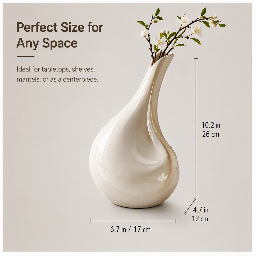 PLIOXOO® sculptural ceramic vase with glossy white finish, displayed on driftwood with cherry blossom branches – full view