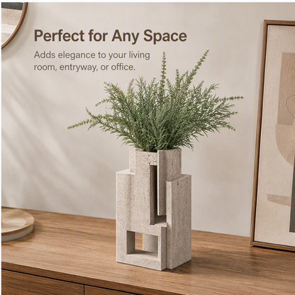 PLIOXOO® travertine vase on sideboard with mirror and framed art – Perfect for Any Space: adds elegance to your living room, entryway or office