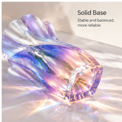 PLIOXOO® iridescent glass twisted flower vase with white lisianthus on marble counter – Elegant Home Decor text overlay: adds a touch of modern luxury to any space, showing full twisted body silhouette in blue and violet