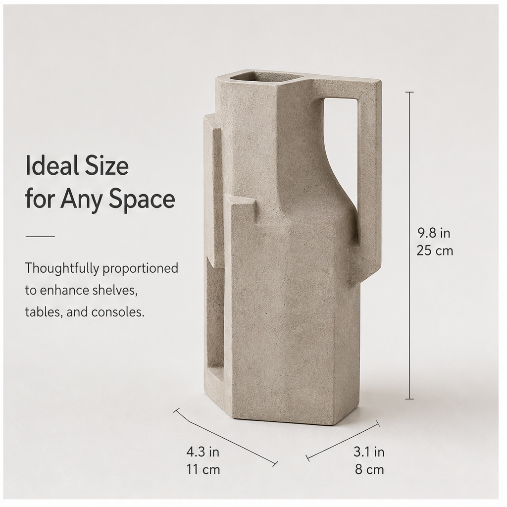 PLIOXOO® concrete geometric vase styled with eucalyptus stems and books on cream shelf – Versatile Decor Accent: perfect for dried flowers, greenery or as a standalone statement piece