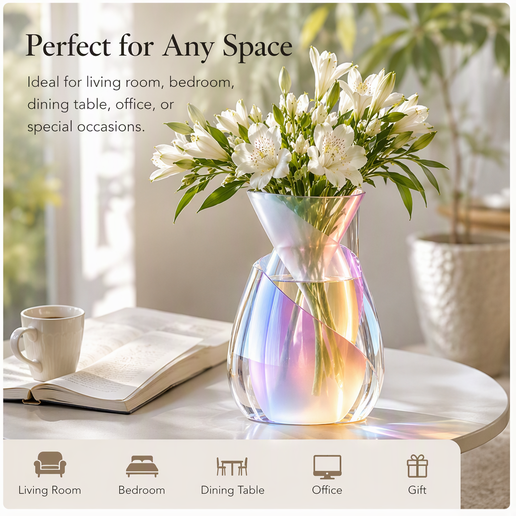 PLIOXOO® iridescent glass vase with white alstroemeria on white round table with coffee mug and open book – Perfect for Any Space text overlay: ideal for living room, bedroom, dining table, office, or special occasions; 5 icon row: Living Room / Bedroom / Dining Table / Office / Gift