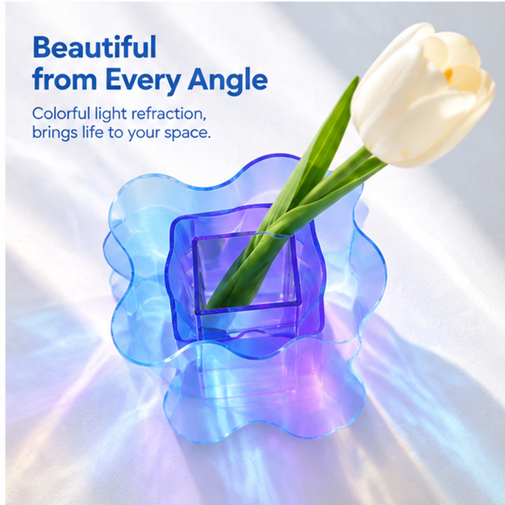 PLIOXOO® wavy acrylic vase close-up of acrylic material – Premium Acrylic Material: Crystal Clear, Durable & Long Lasting, Smooth Finish, showing polished transparent edge detail
