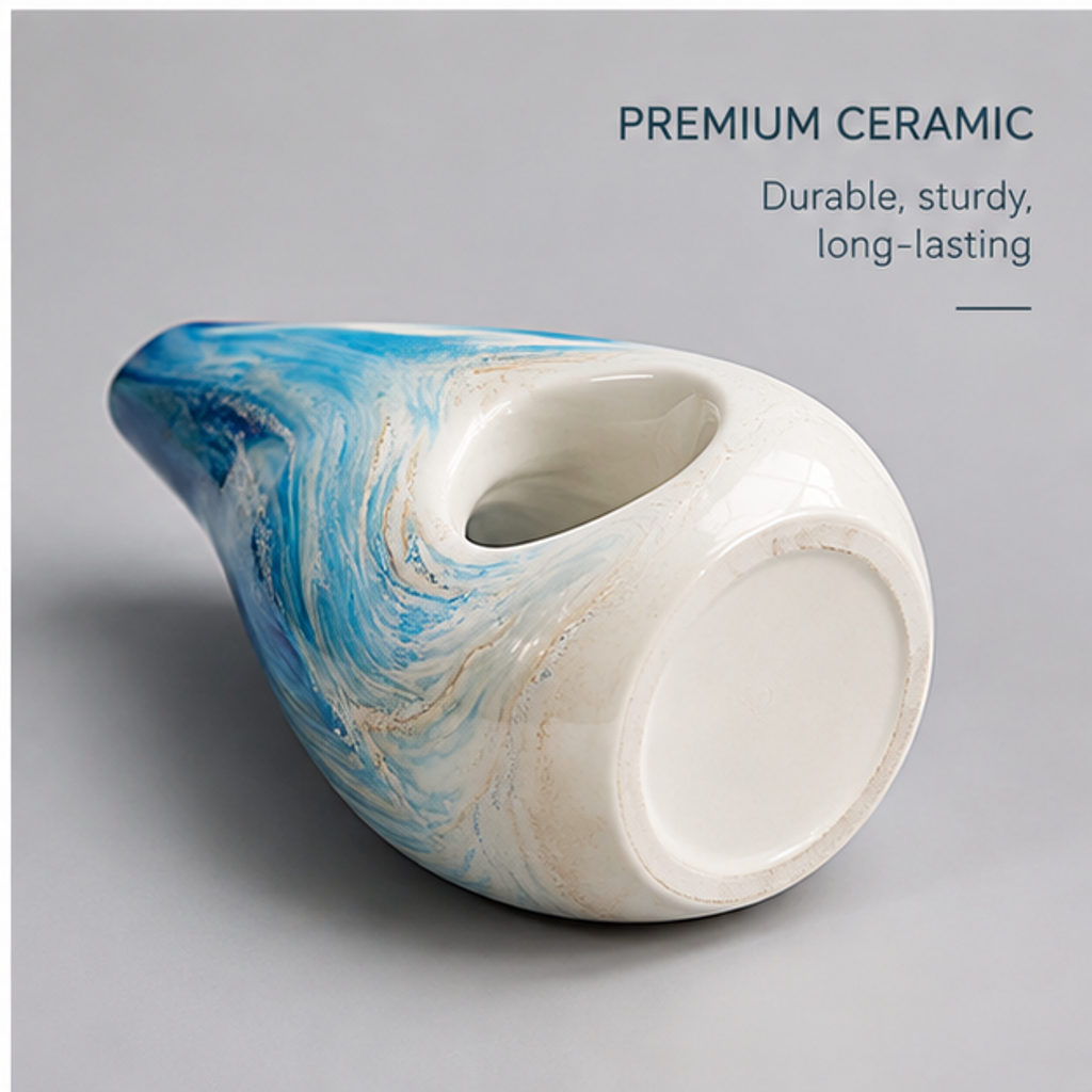 PLIOXOO® ocean swirl ceramic vase tilted detail – Unique Shape: modern design with signature cutout base adds character to any space