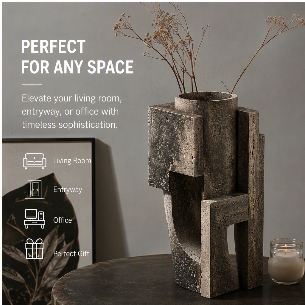 PLIOXOO® dark sculptural vase styled on dark table with dried flowers and candle – Perfect for Any Space: elevate your living room, entryway, office or give as a perfect gift