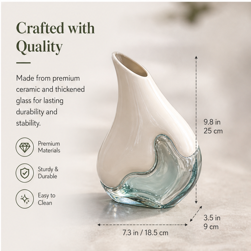 PLIOXOO® sculptural ceramic glass vase with white flowers in sunlit room – Sculptural Elegance: an artful blend of ceramic and glass elevating any space with timeless beauty