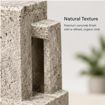 PLIOXOO® concrete block vase on white surface with key features: Durable Concrete Material, Unique Geometric Shape, Perfect for Home & Office, Adds Modern Artistic Vibe