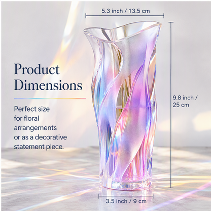 PLIOXOO® iridescent twisted glass vase with rainbow light scatter on white surface – Iridescent Glass Vase text overlay: twisted design with dreamy iridescent glow, adds elegance and artistry to any space; full body in violet-pink-blue gradient