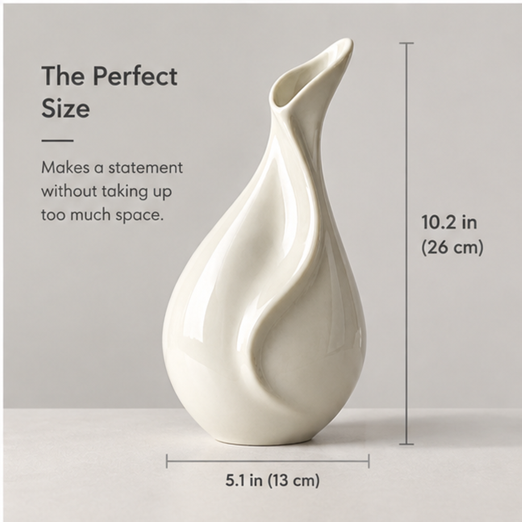 Close-up of PLIOXOO® ceramic vase neck showing artistic shape, fluid curves, glossy glaze, and durable ceramic finish