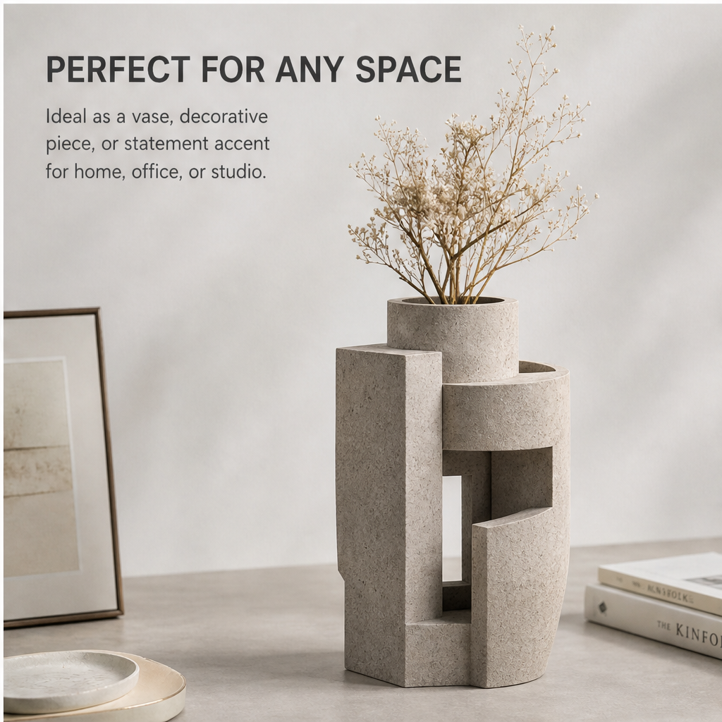 PLIOXOO® geometric sculptural vase styled on desk with dried branches, Kinfolk books and framed art – Perfect for Any Space: ideal as a vase, decorative piece or statement accent for home, office or studio